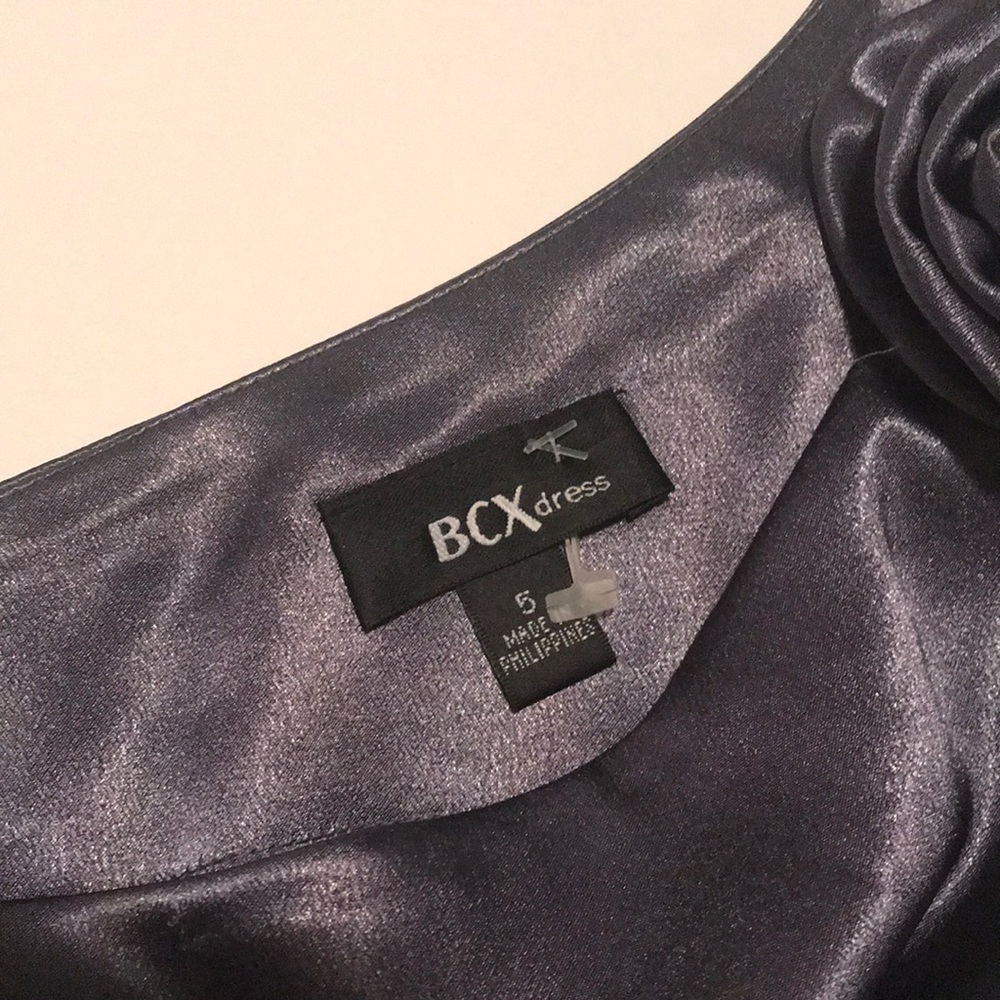 BCX Junior Off the Shoulder Party Bodycon Satin Silver Color Midi  Dress Size 5 - Picture 4 of 9